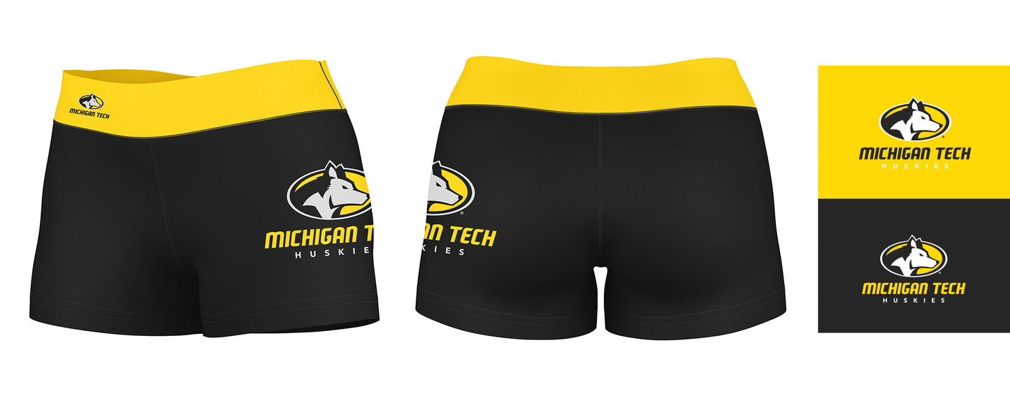 Michigan Tech Huskies MTU Vive La Fete Logo on Thigh and Waistband Black & Gold Women Booty Workout Shorts 3.75 Inseam" - Vive La F̻te - Online Apparel Store