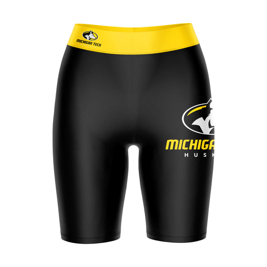 Michigan Tech Huskies MTU Vive La Fete Game Day Logo on Thigh and Waistband Black and Gold Women Bike Short 9 Inseam"