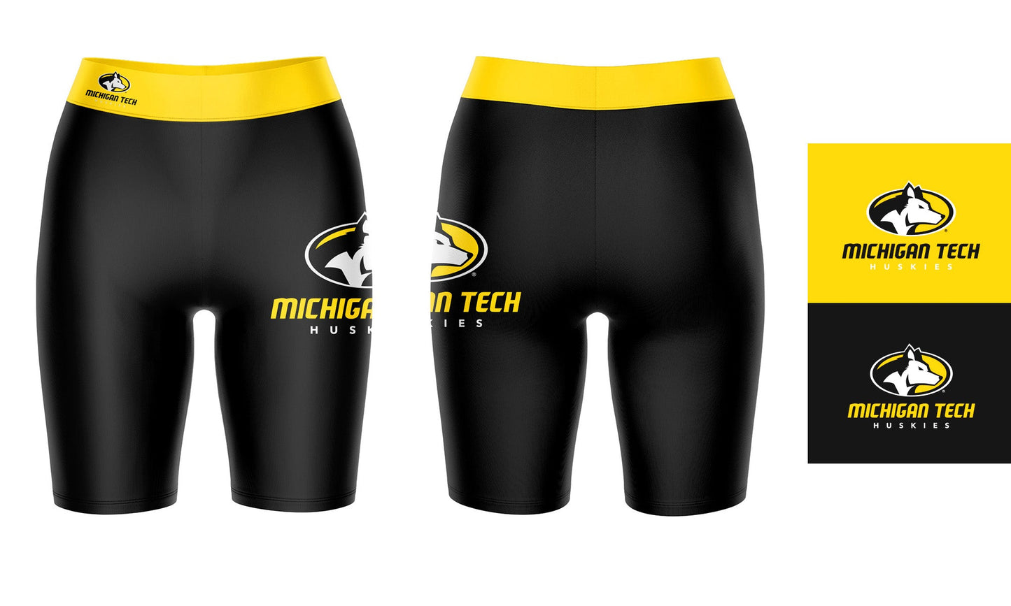 Michigan Tech Huskies MTU Vive La Fete Game Day Logo on Thigh and Waistband Black and Gold Women Bike Short 9 Inseam"