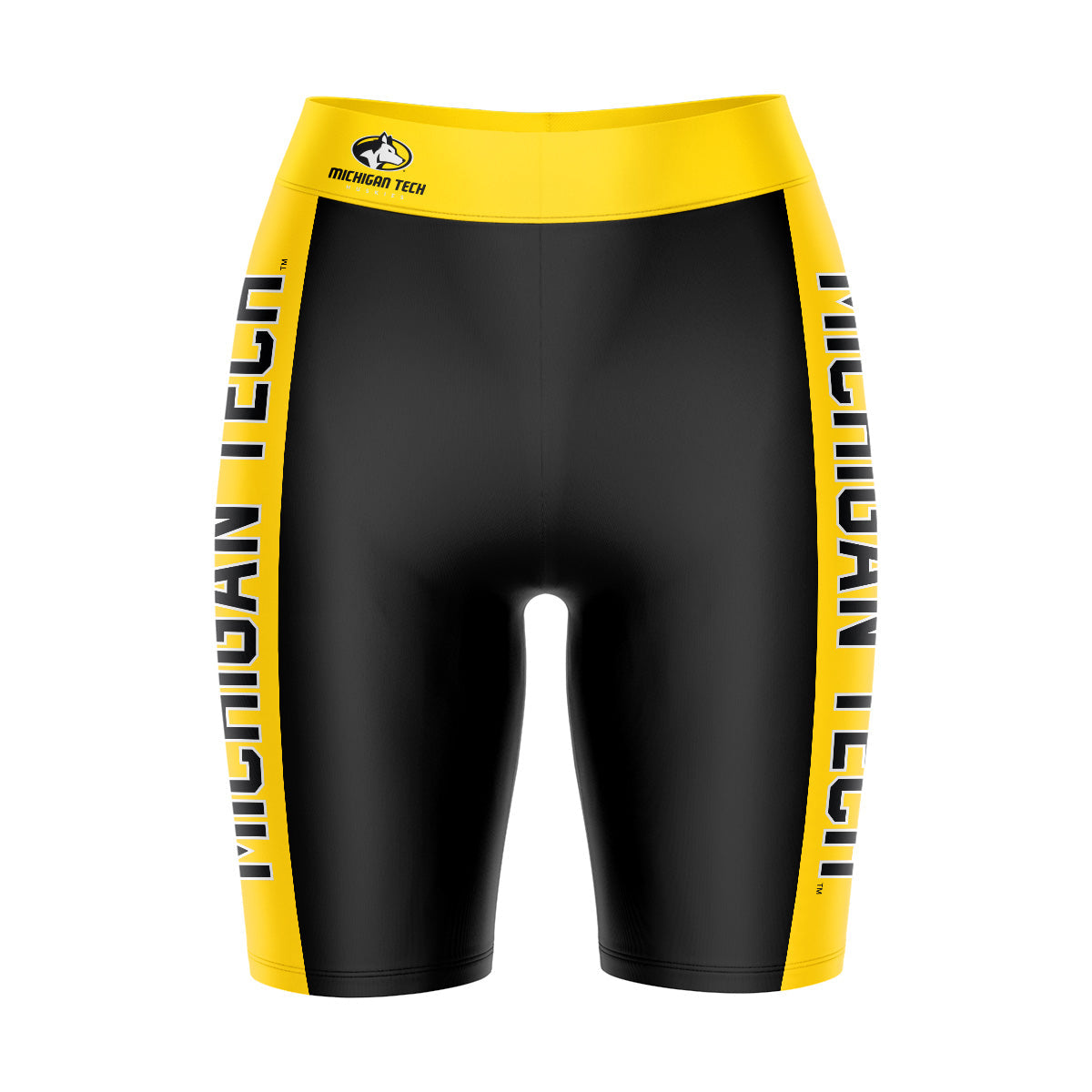 Michigan Tech Huskies MTU Vive La Fete Game Day Logo on Waistband and Gold Stripes Black Women Bike Short 9 Inseam