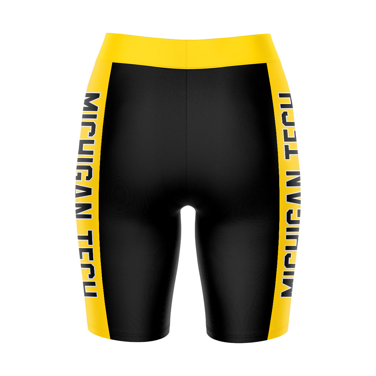 Michigan Tech Huskies MTU Vive La Fete Game Day Logo on Waistband and Gold Stripes Black Women Bike Short 9 Inseam