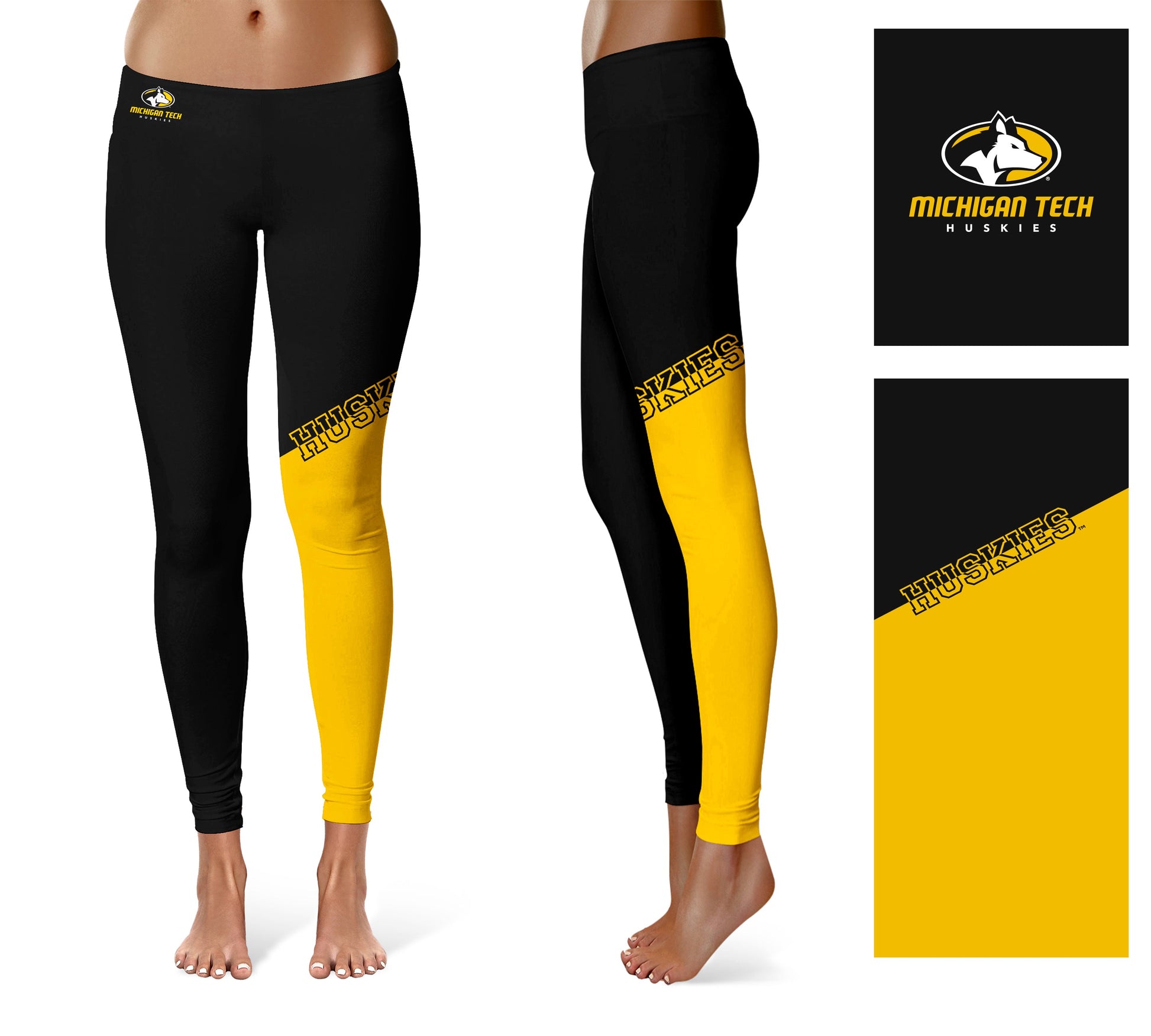 Michigan Tech Huskies MTU Vive La Fete Game Day Collegiate Leg Color Block Women Black Gold Yoga Leggings