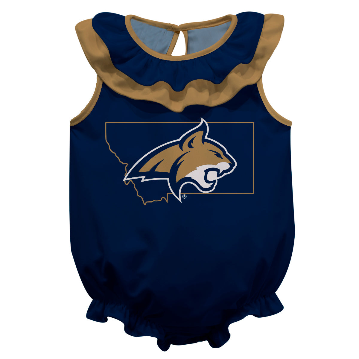 Montana State Bobcats MSU Blue Sleeveless Ruffle One Piece Jumpsuit Logo Bodysuit by Vive La Fete