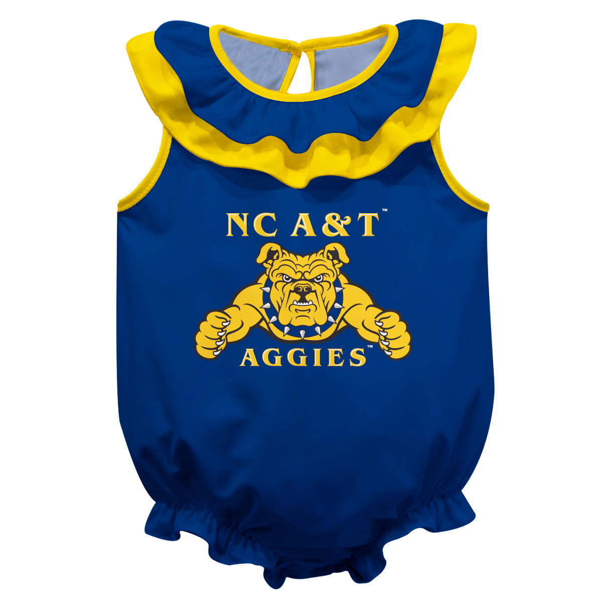 North Carolina A&T Aggies Blue Sleeveless Ruffle One Piece Jumpsuit Logo Bodysuit by Vive La Fete