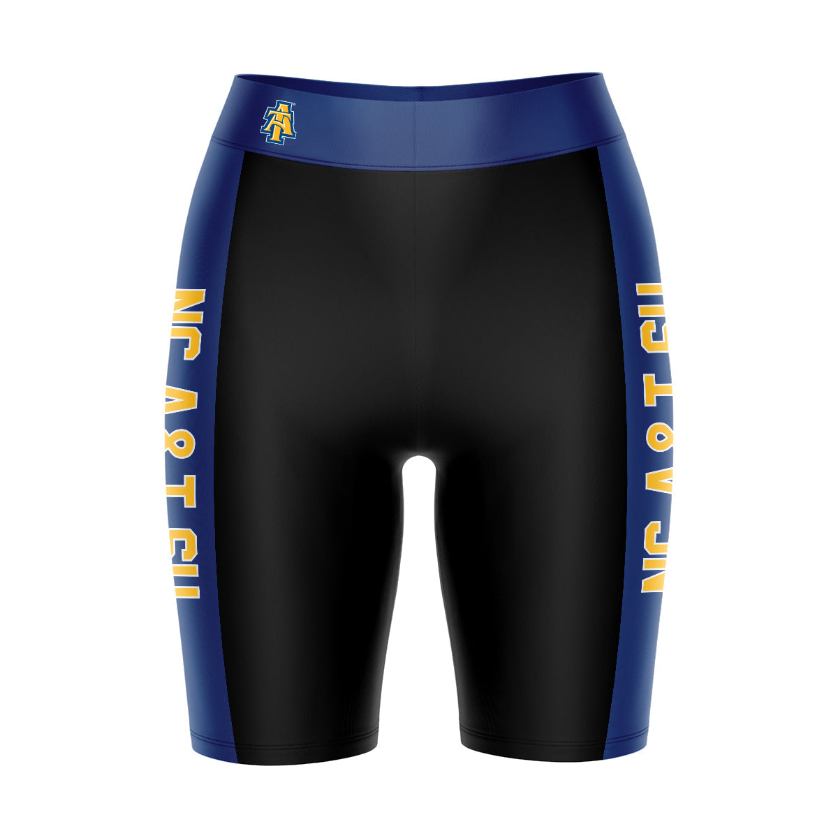 North Carolina A&T Aggies Vive La Fete Game Day Logo on Waistband and Blue Stripes Black Women Bike Short 9 Inseam