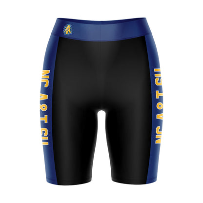 North Carolina A&T Aggies Vive La Fete Game Day Logo on Waistband and Blue Stripes Black Women Bike Short 9 Inseam