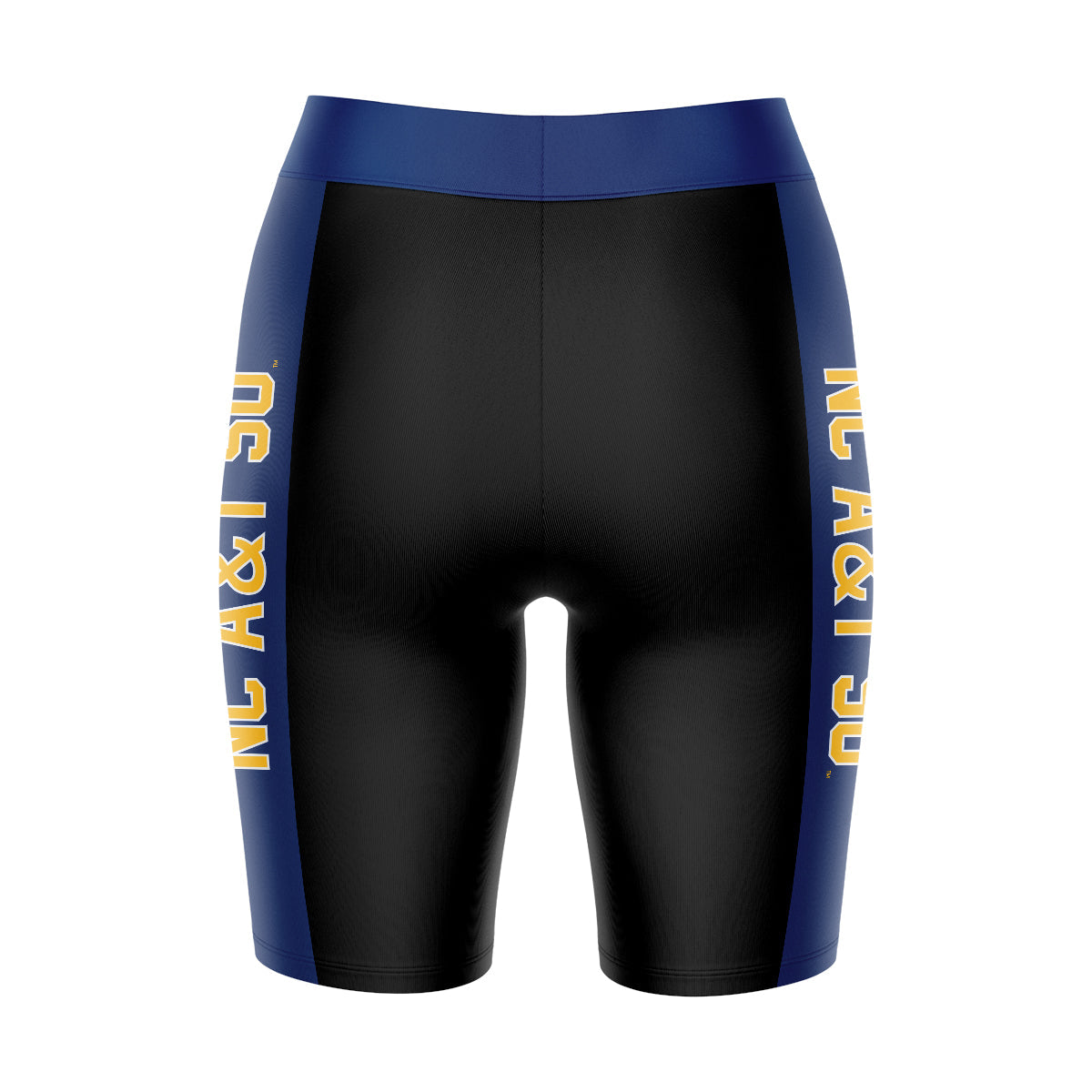 North Carolina A&T Aggies Vive La Fete Game Day Logo on Waistband and Blue Stripes Black Women Bike Short 9 Inseam