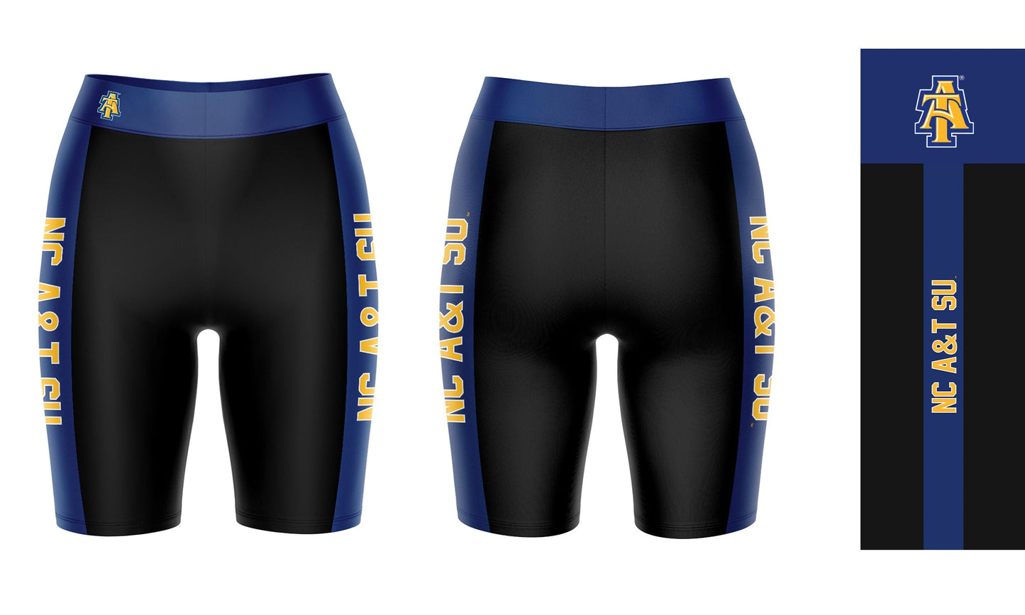 North Carolina A&T Aggies Vive La Fete Game Day Logo on Waistband and Blue Stripes Black Women Bike Short 9 Inseam