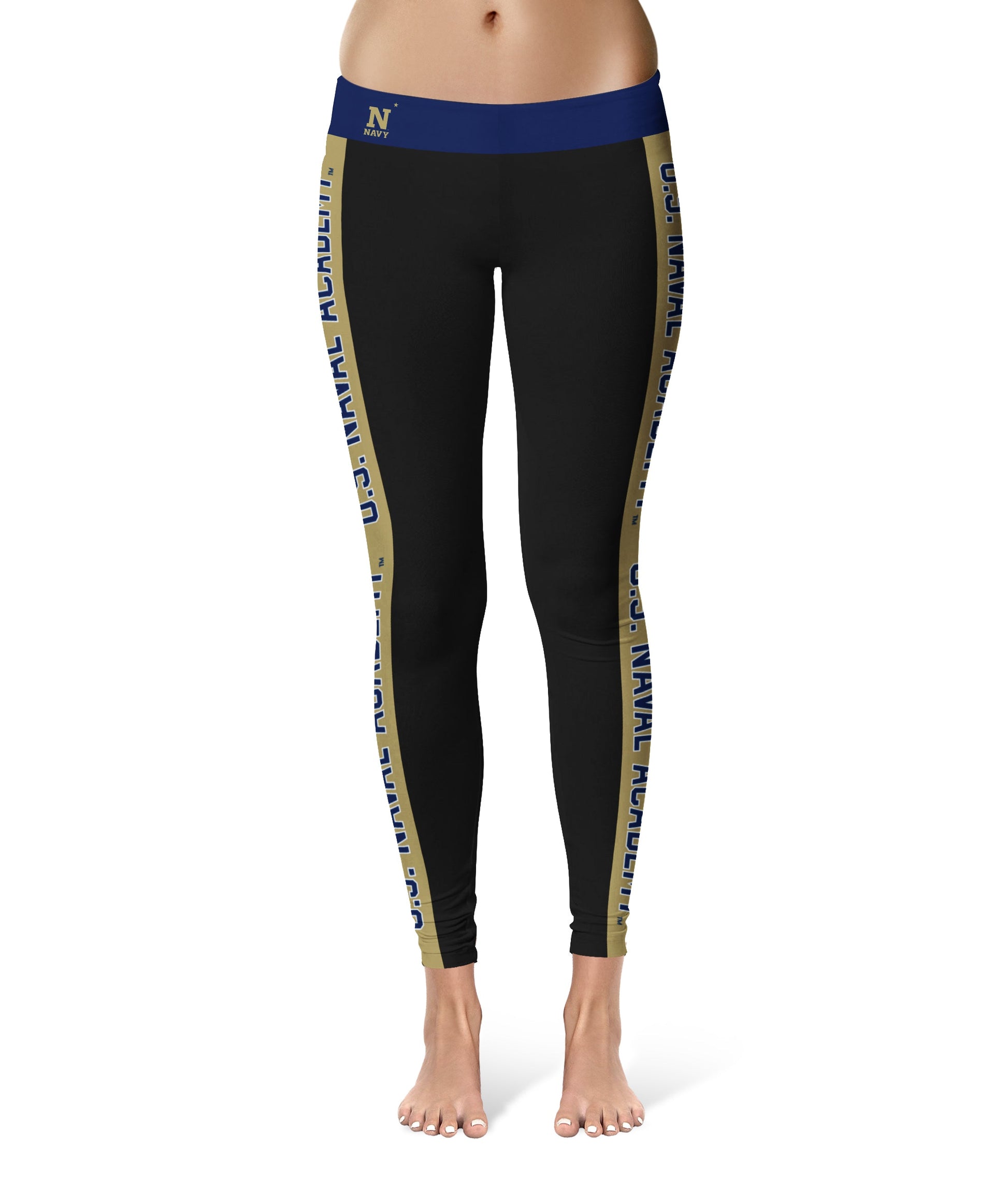 Naval Academy Midshipmen Vive La Fete Game Day Collegiate Gold Stripes Women Black Yoga Leggings 2 Waist Tights