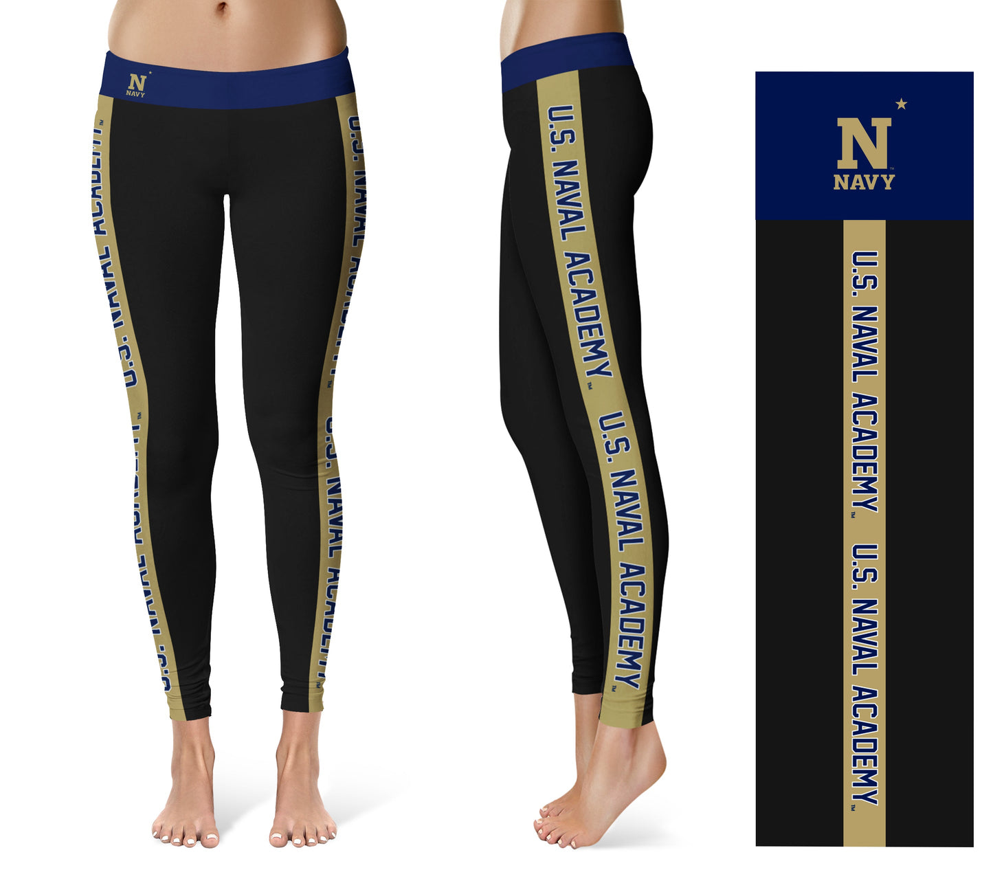 Naval Academy Midshipmen Vive La Fete Game Day Collegiate Gold Stripes Women Black Yoga Leggings 2 Waist Tights
