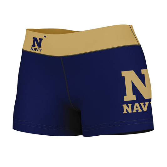US Naval Academy Midshipmen Vive La Fete Logo on Thigh & Waistband Navy Gold Women Yoga Booty Workout Shorts 3.75 Inseam