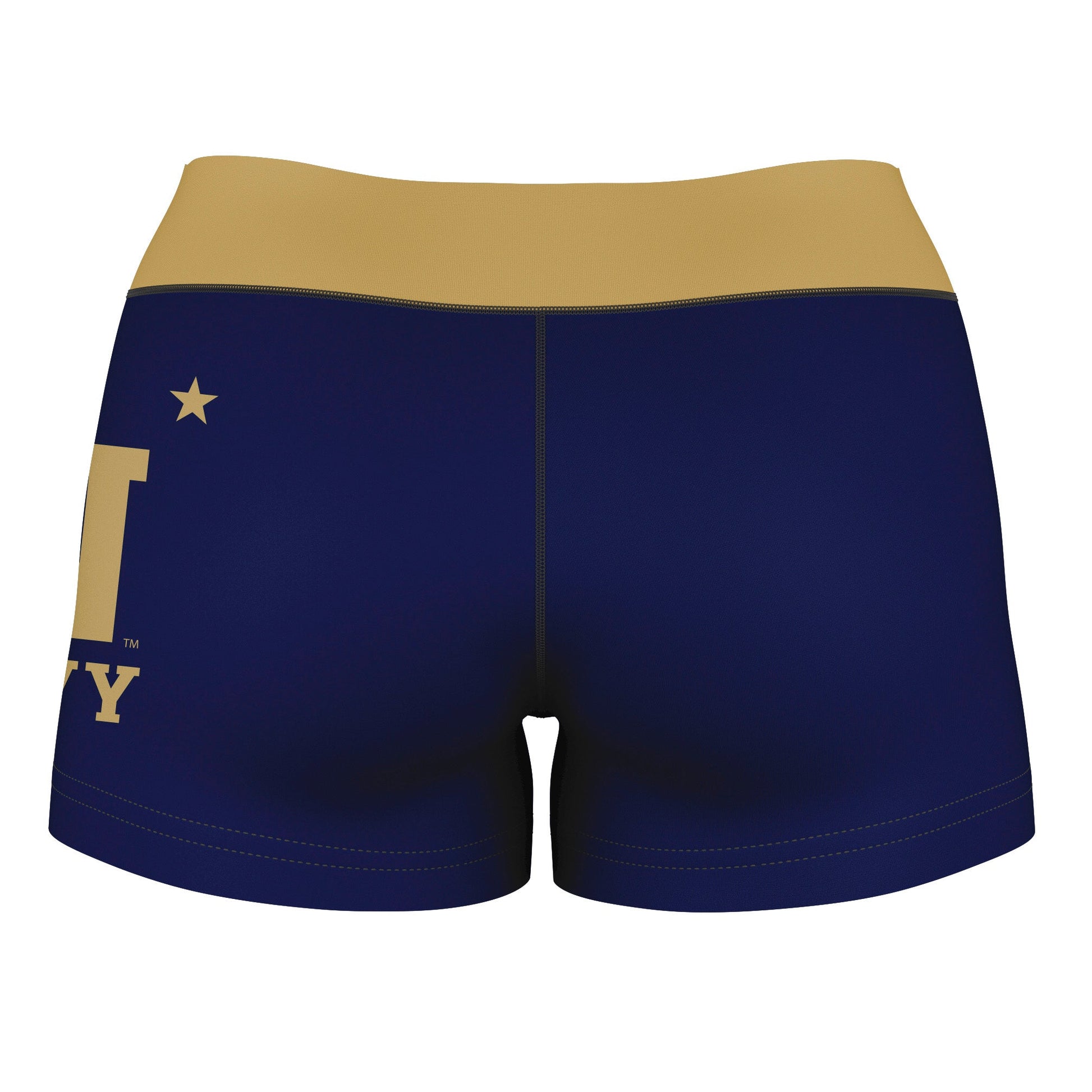 US Naval Academy Midshipmen Vive La Fete Logo on Thigh & Waistband Navy Gold Women Yoga Booty Workout Shorts 3.75 Inseam - Vive La F̻te - Online Apparel Store