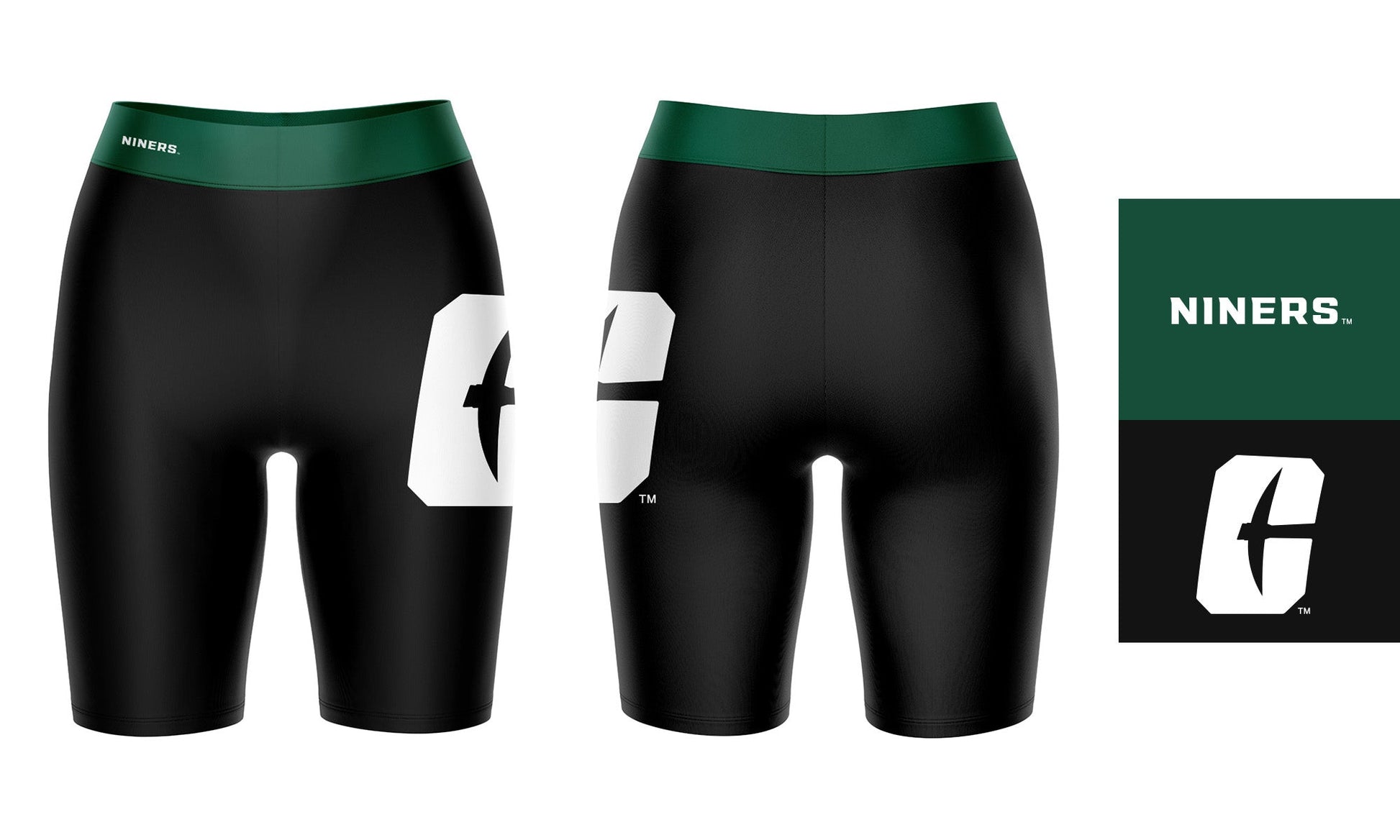 UNC Charlotte 49ers Vive La Fete Game Day Logo on Thigh and Waistband Black and Green Women Bike Short 9 Inseam