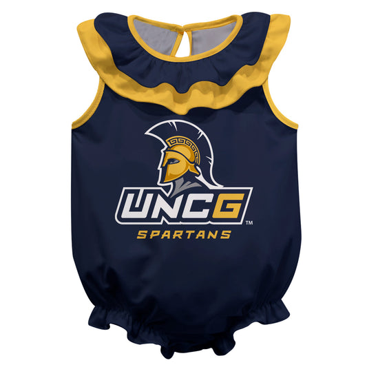 UNCG Spartans Blue Sleeveless Ruffle One Piece Jumpsuit Logo Bodysuit by Vive La Fete