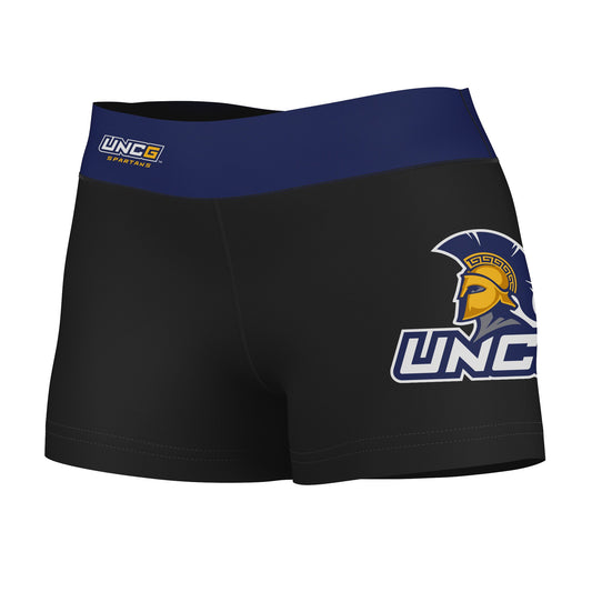 UNCG Spartans Vive La Fete Game Day Logo on Thigh & Waistband Black & Navy Women Yoga Booty Workout Shorts 3.75 Inseam"