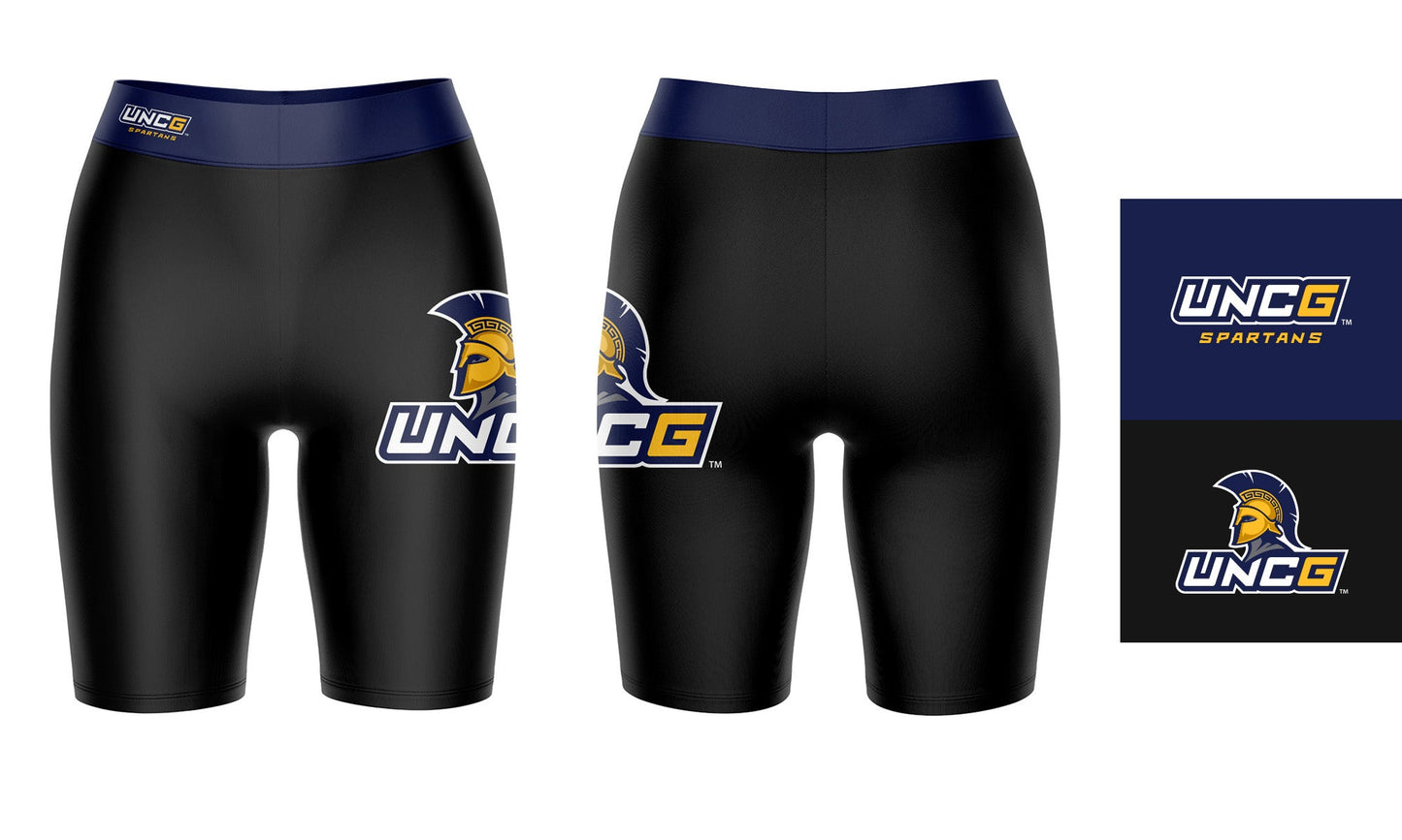 UNCG Spartans Vive La Fete Game Day Logo on Thigh and Waistband Black and Navy Women Bike Short 9 Inseam"