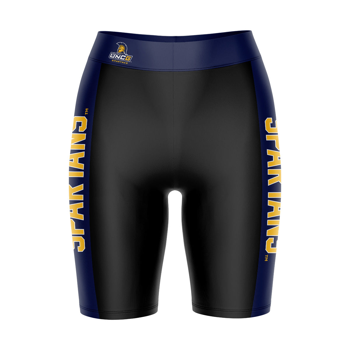 UNC Greensboro Spartans UNCG Vive La Fete Game Day Logo on Waistband and Navy Stripes Black Women Bike Short 9 Inseam