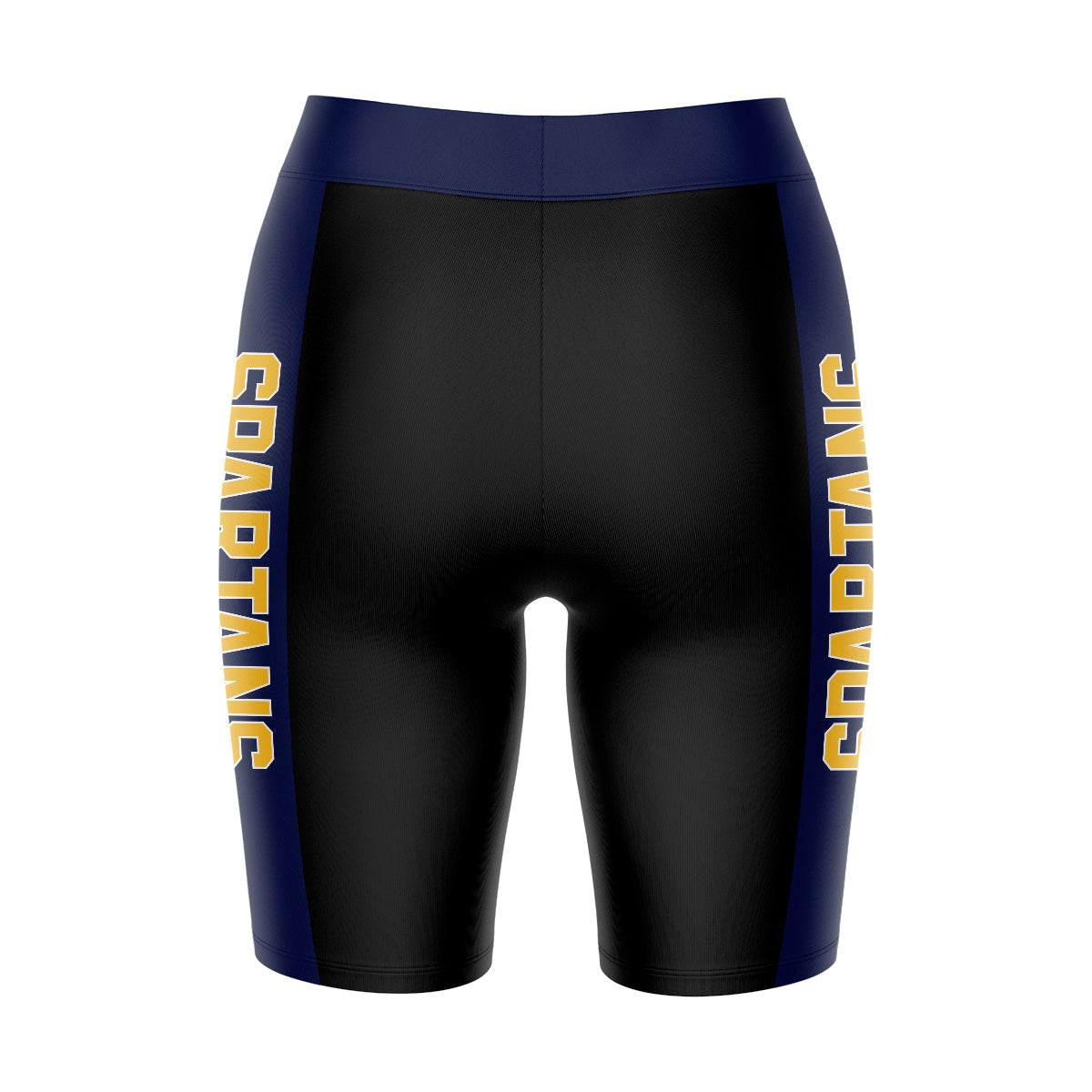 UNC Greensboro Spartans UNCG Vive La Fete Game Day Logo on Waistband and Navy Stripes Black Women Bike Short 9 Inseam