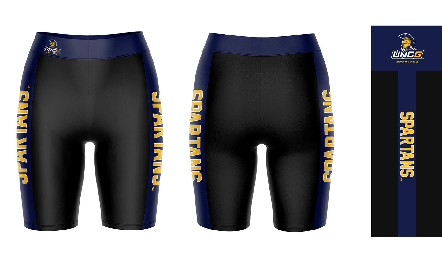 UNC Greensboro Spartans UNCG Vive La Fete Game Day Logo on Waistband and Navy Stripes Black Women Bike Short 9 Inseam