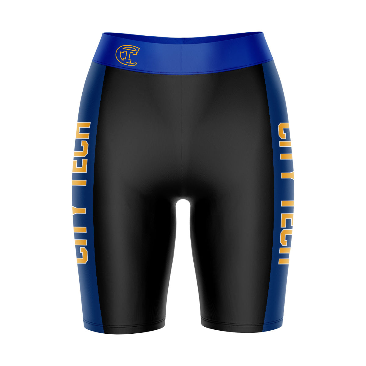 City Tech Yellow Jackets NYCCT Vive La Fete Game Day Logo on Waistband and Blue Stripes Black Women Bike Short 9 Inseam