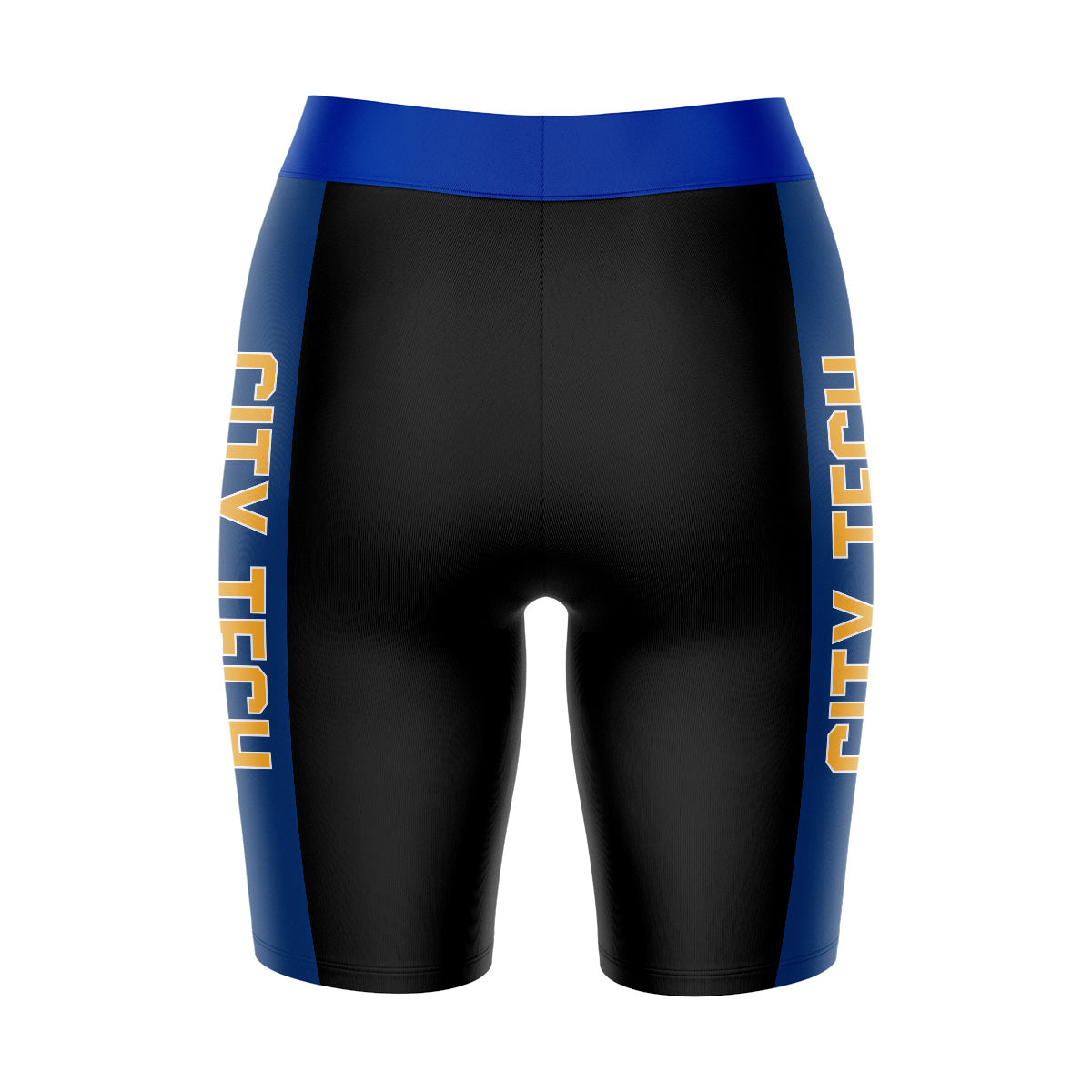 City Tech Yellow Jackets NYCCT Vive La Fete Game Day Logo on Waistband and Blue Stripes Black Women Bike Short 9 Inseam