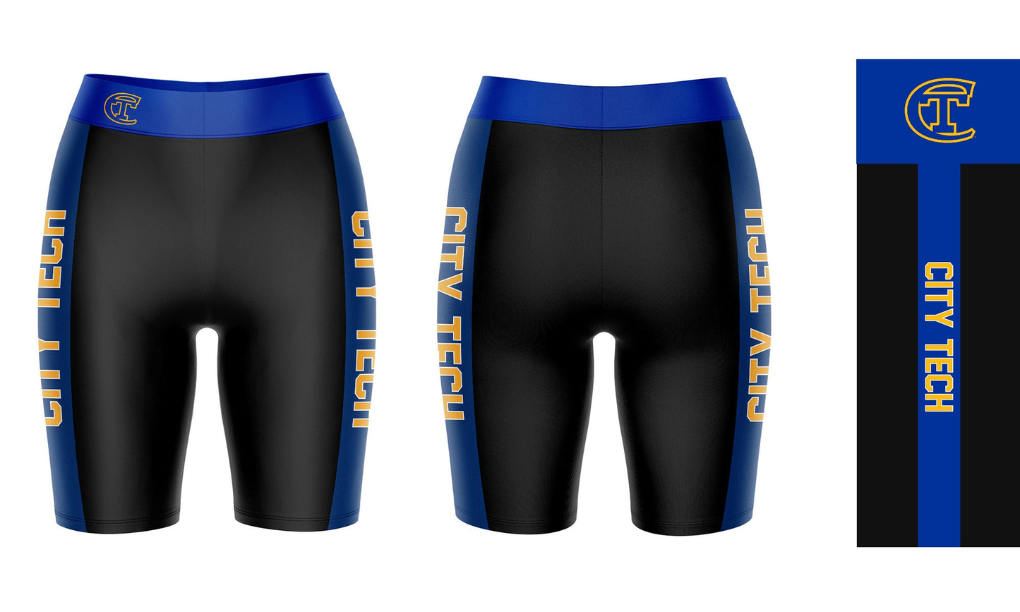 City Tech Yellow Jackets NYCCT Vive La Fete Game Day Logo on Waistband and Blue Stripes Black Women Bike Short 9 Inseam