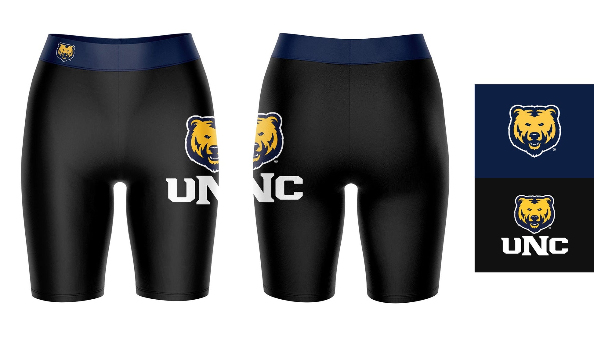 Northern Colorado Bears UNC Vive La Fete Game Day Logo on Thigh and Waistband Black and Navy Women Bike Short 9 Inseam"