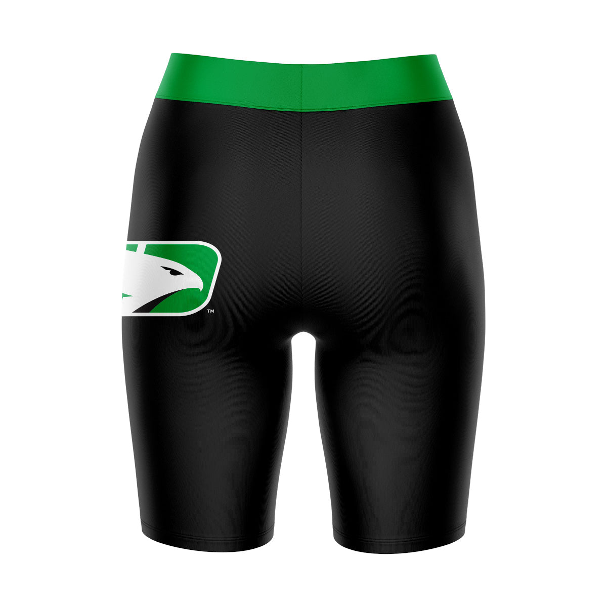 UND Fighting Hawks Vive La Fete Game Day Logo on Thigh and Waistband Black and Green Women Bike Short 9 Inseam"