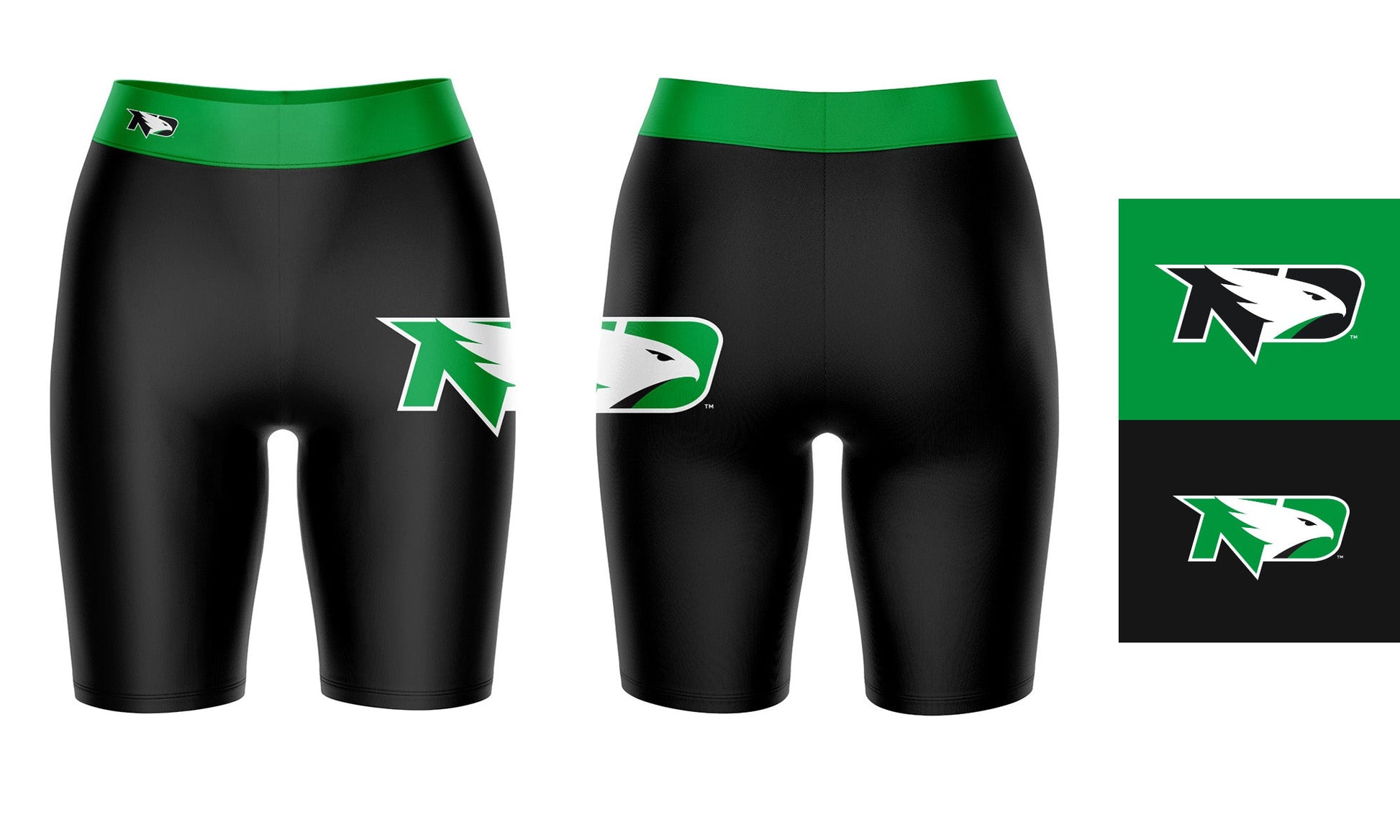 UND Fighting Hawks Vive La Fete Game Day Logo on Thigh and Waistband Black and Green Women Bike Short 9 Inseam"