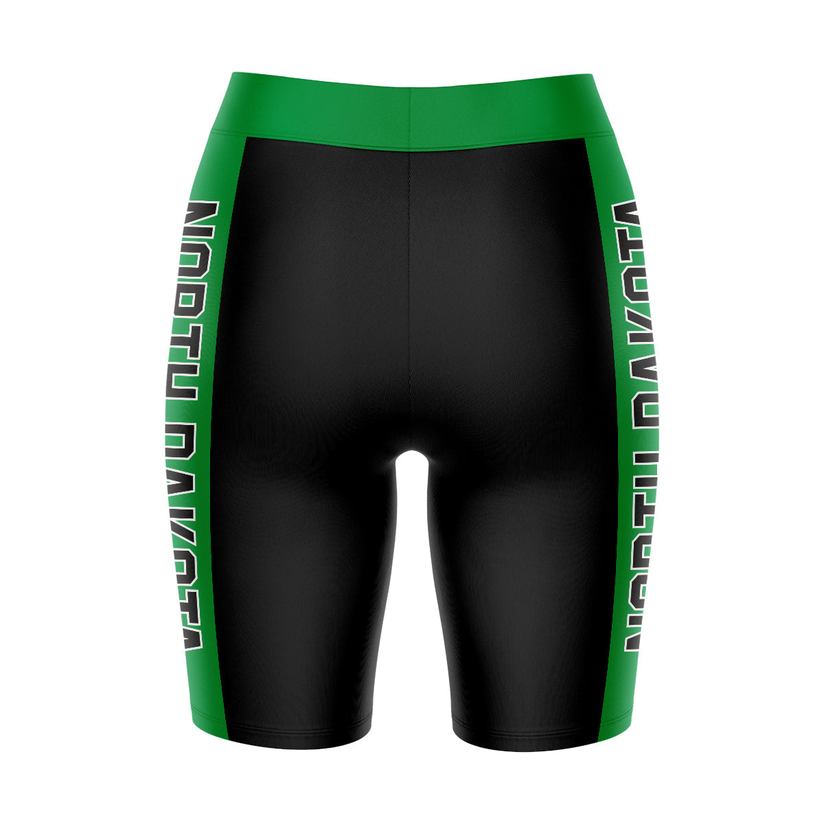 North Dakota Fighting Hawks Vive La Fete Game Day Logo on Waistband and Green Stripes Black Women Bike Short 9 Inseam"