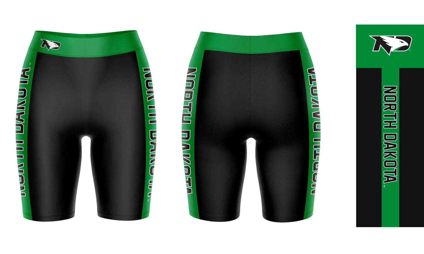 North Dakota Fighting Hawks Vive La Fete Game Day Logo on Waistband and Green Stripes Black Women Bike Short 9 Inseam"