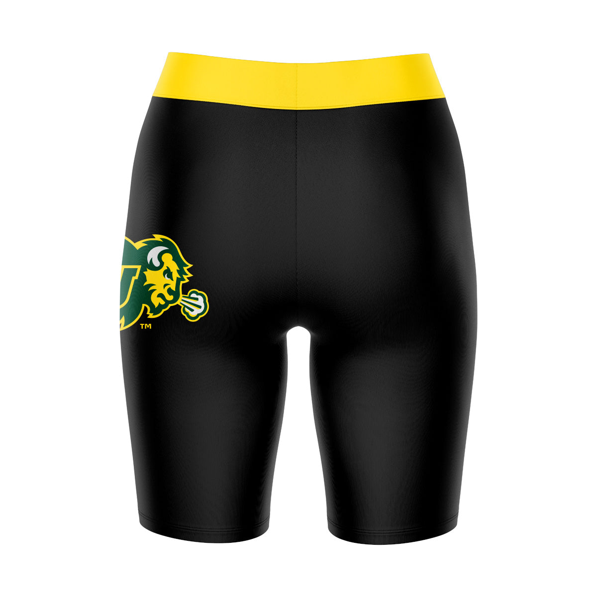 NDSU Bison Vive La Fete Game Day Logo on Thigh and Waistband Black and Gold Women Bike Short 9 Inseam"