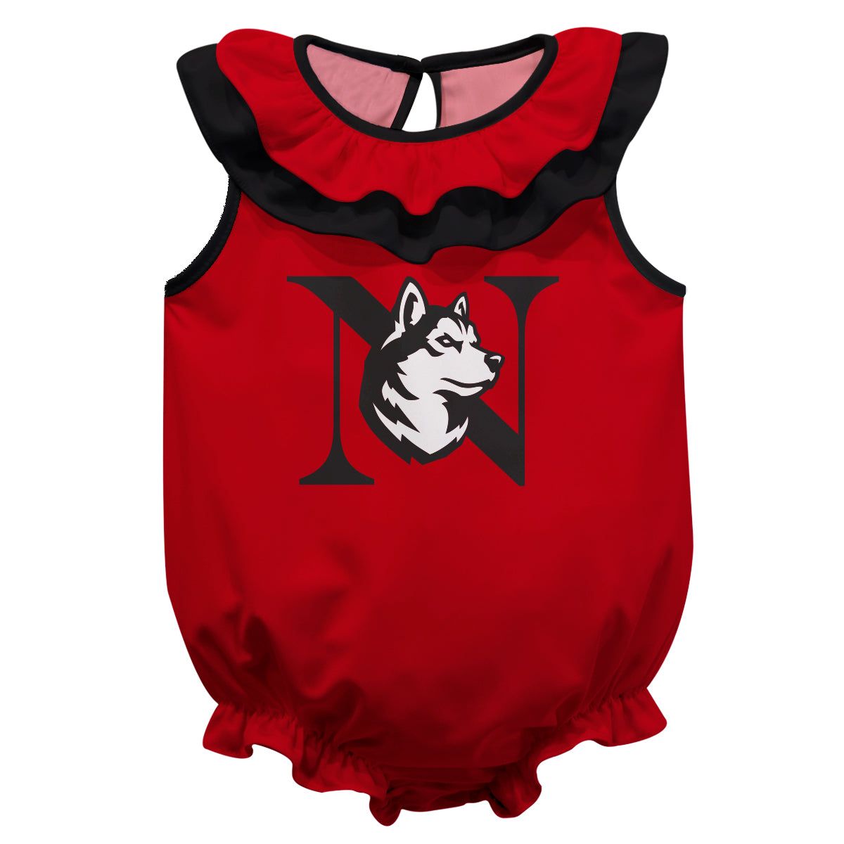 Northeastern University Huskies Red Sleeveless Ruffle One Piece Jumpsuit Logo Bodysuit by Vive La Fete