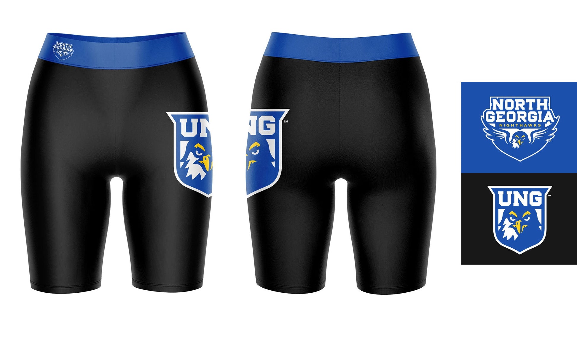 UNG Nighthawks Vive La Fete Game Day Logo on Thigh and Waistband Black and Blue Women Bike Short 9 Inseam"