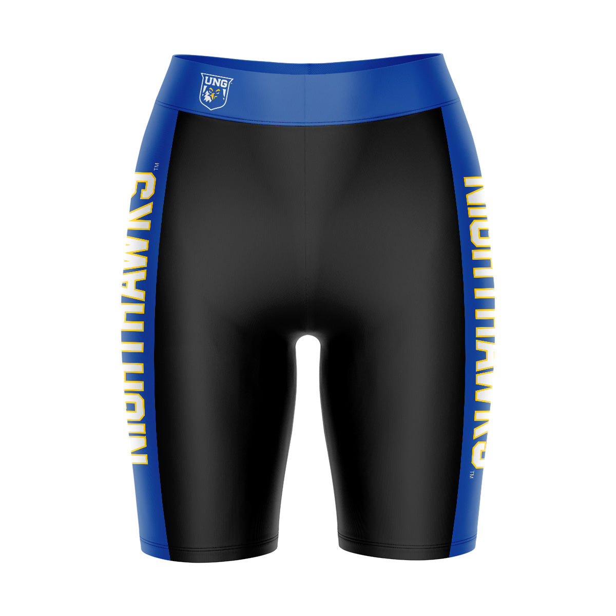 UNG Nighthawks Vive La Fete Game Day Logo on Waistband and Blue Stripes Black Women Bike Short 9 Inseam