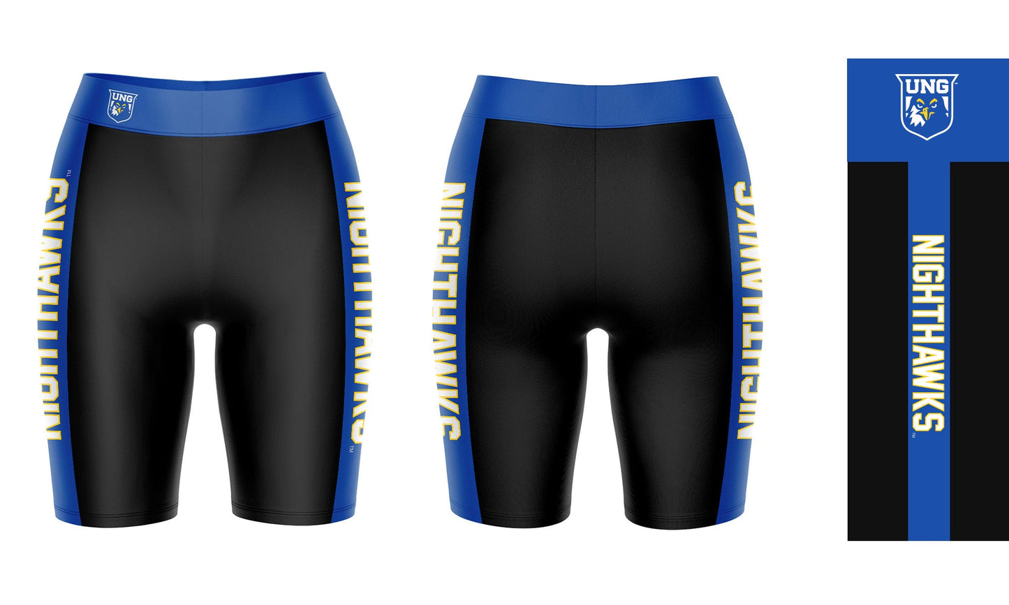UNG Nighthawks Vive La Fete Game Day Logo on Waistband and Blue Stripes Black Women Bike Short 9 Inseam