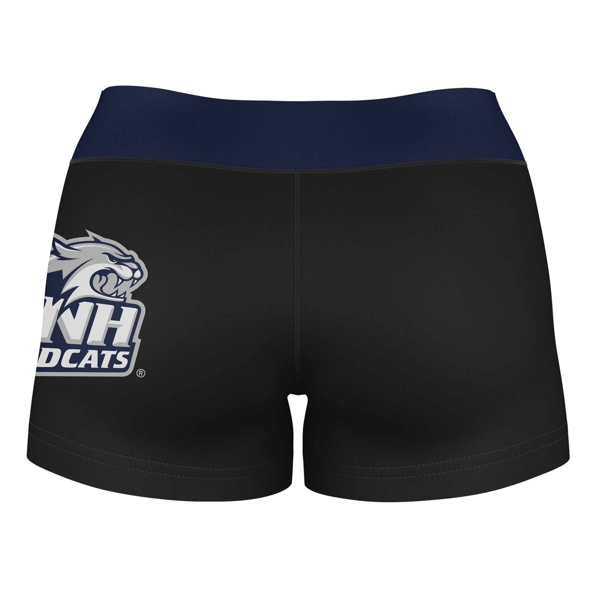 New Hampshire Wildcats UNH Vive La Fete Logo on Thigh and Waistband Black & Navy Women Booty Workout Shorts 3.75 Inseam" - Vive La F̻te - Online Apparel Store