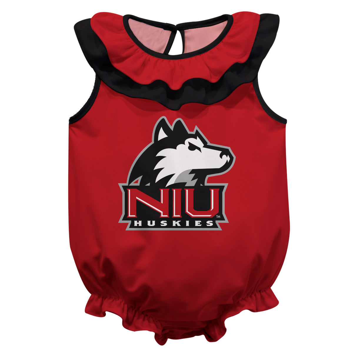 Northern Illinois Huskies Red Sleeveless Ruffle One Piece Jumpsuit Logo Bodysuit by Vive La Fete