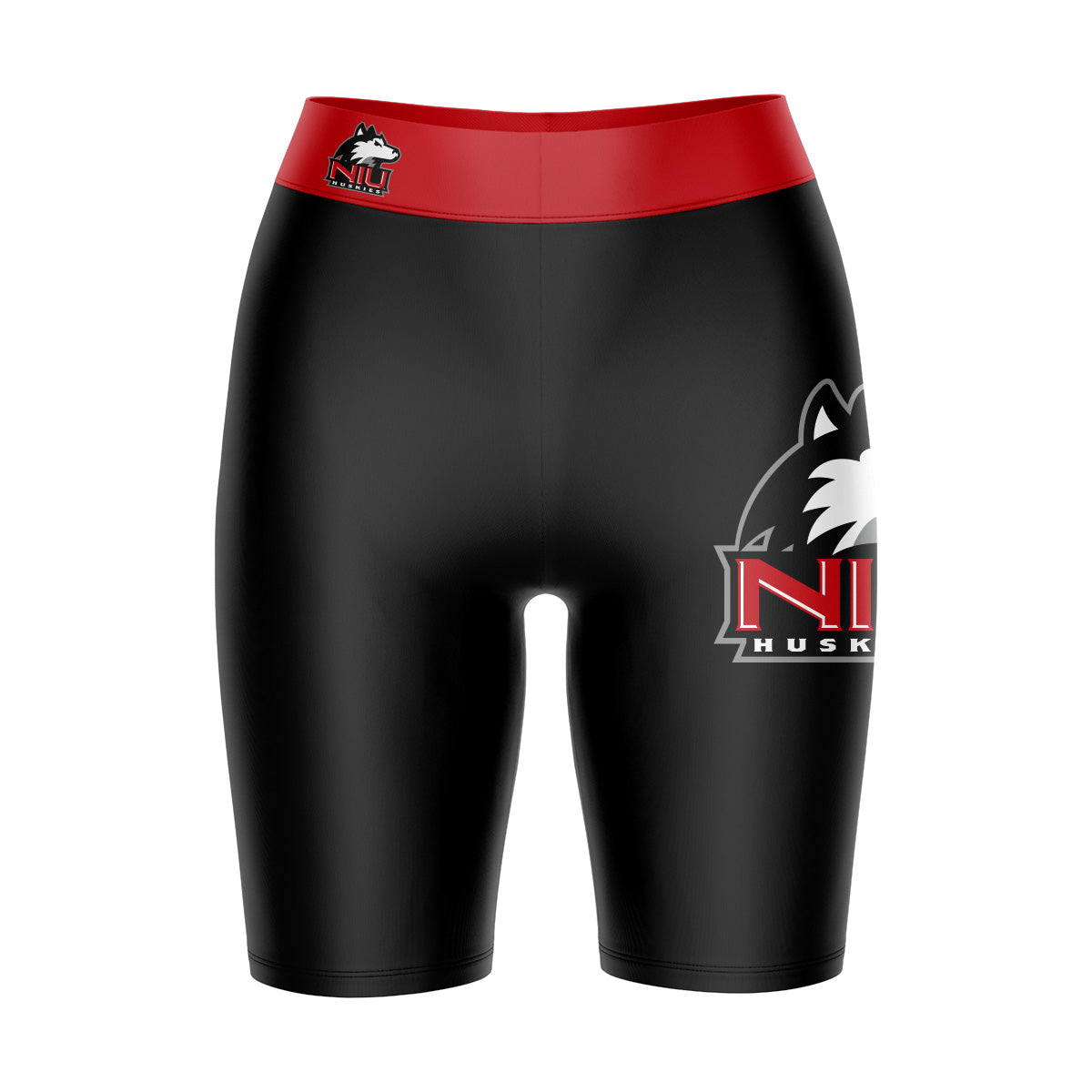 NIU Huskies Vive La Fete Game Day Logo on Thigh and Waistband Black and Red Women Bike Short 9 Inseam"