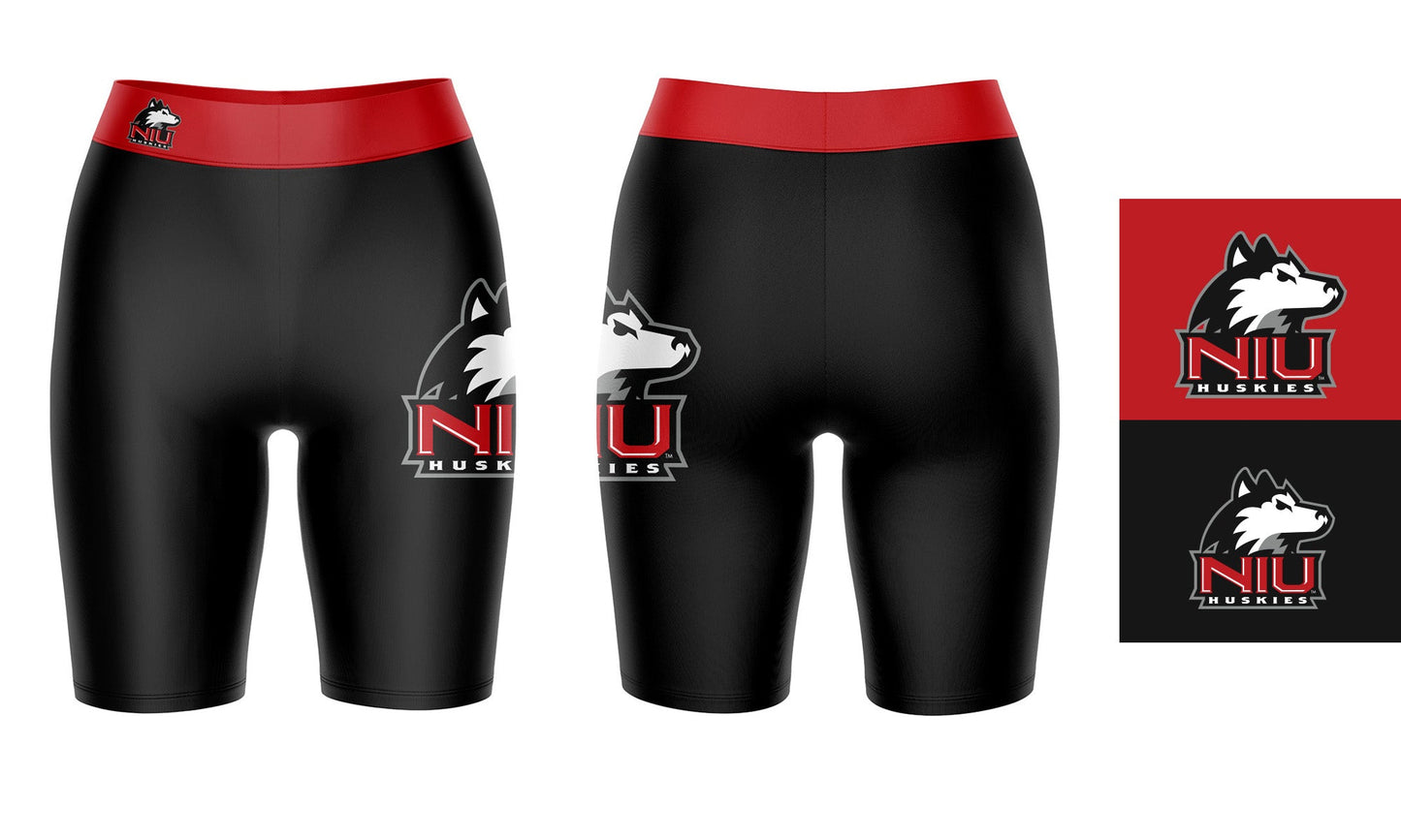 NIU Huskies Vive La Fete Game Day Logo on Thigh and Waistband Black and Red Women Bike Short 9 Inseam"