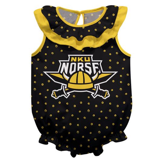 Northern Kentucky Norse Swirls Black Sleeveless Ruffle One Piece Jumpsuit Logo Bodysuit by Vive La Fete