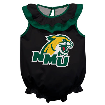 NMU Northern Michigan Wildcats Black Sleeveless Ruffle One Piece Jumpsuit Logo Bodysuit by Vive La Fete