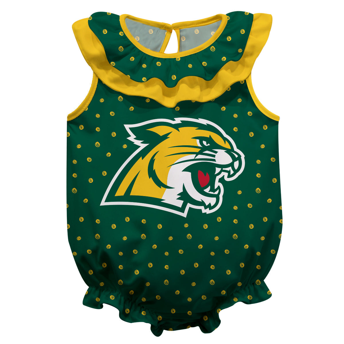 NMU Northern Michigan Wildcats Swirls Green Sleeveless Ruffle One Piece Jumpsuit Logo Bodysuit by Vive La Fete