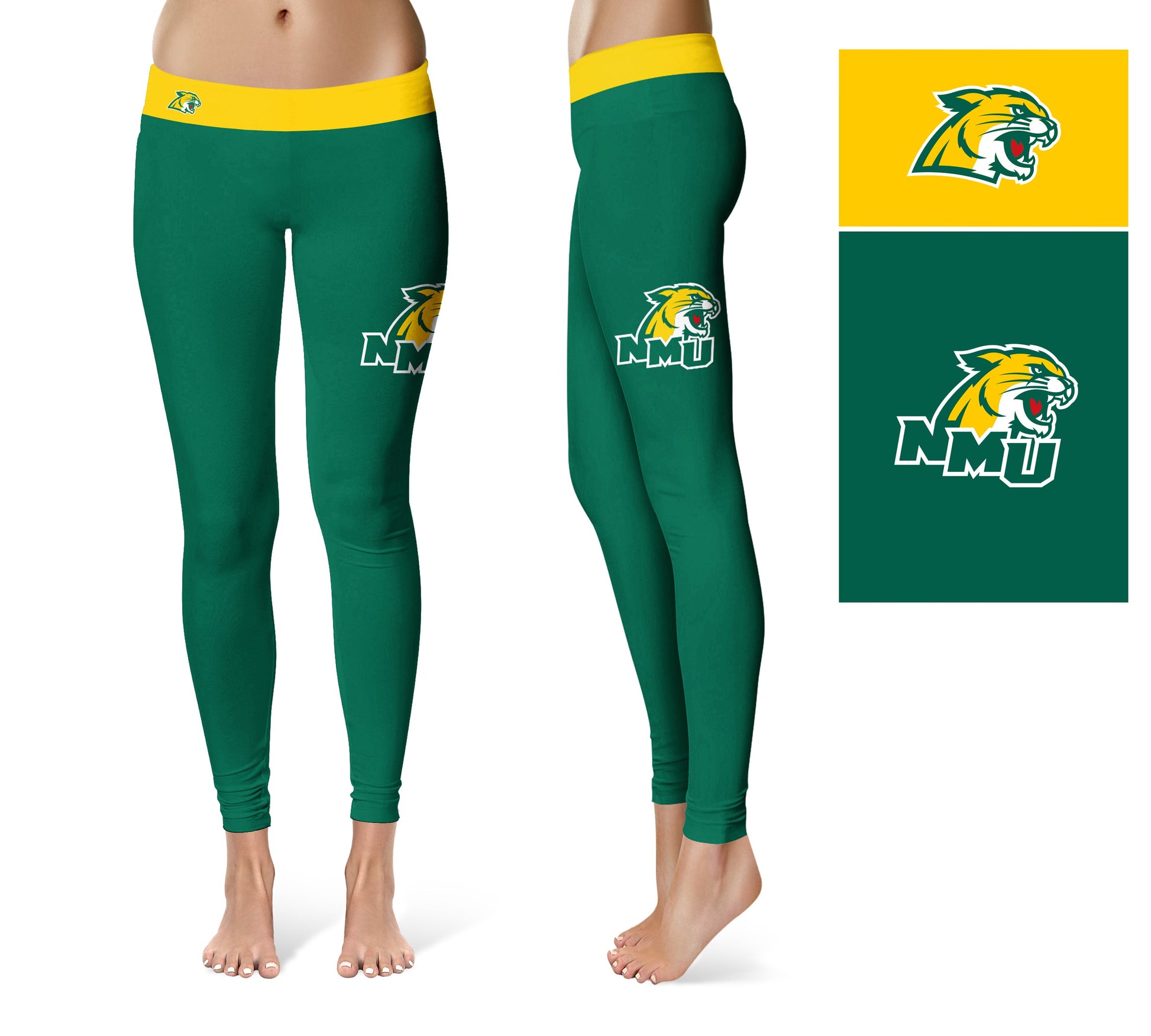 NMU Northern Michigan Wildcats Vive La Fete Game Day Collegiate Logo on Thigh Green Women Yoga Leggings 2.5 Waist Tights