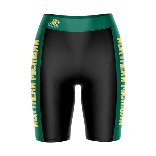 NMU Northern Michigan Wildcats Vive La Fete Game Day Logo on Waistband and Green Stripes Black Women Bike Short 9 Inseam