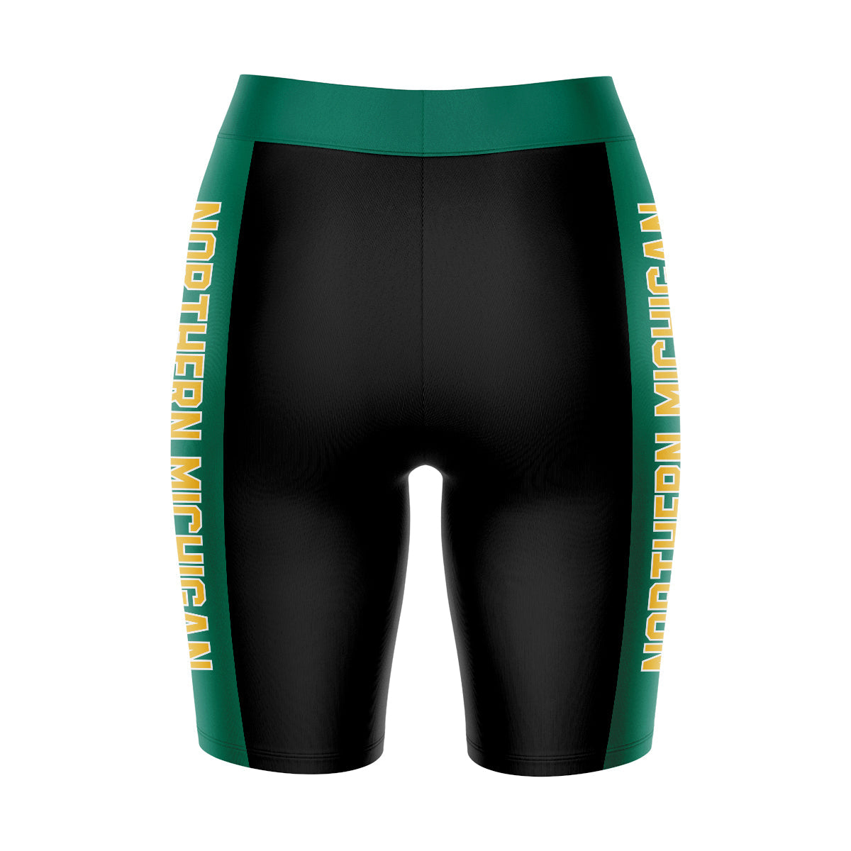 NMU Northern Michigan Wildcats Vive La Fete Game Day Logo on Waistband and Green Stripes Black Women Bike Short 9 Inseam