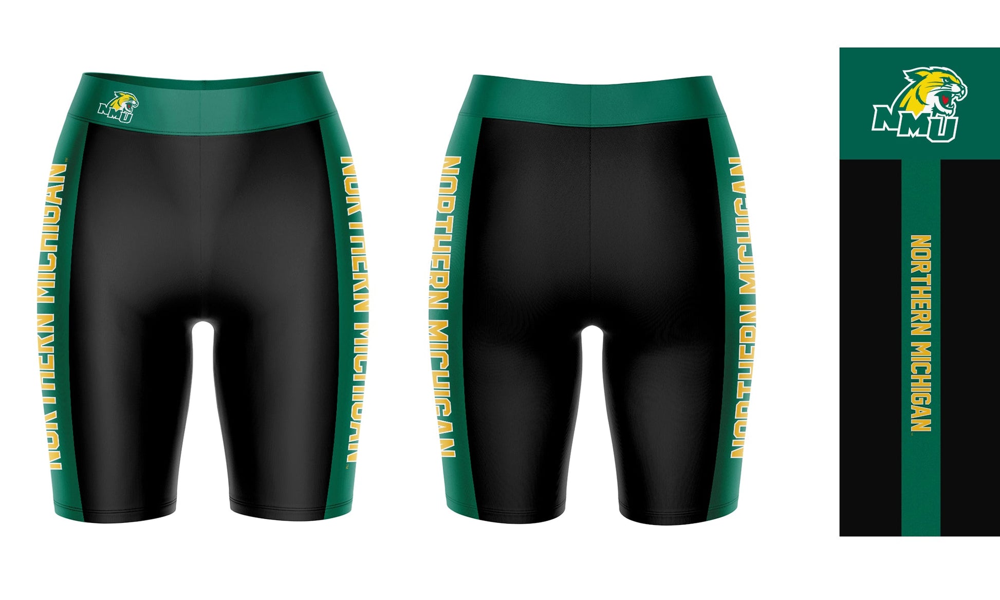 NMU Northern Michigan Wildcats Vive La Fete Game Day Logo on Waistband and Green Stripes Black Women Bike Short 9 Inseam