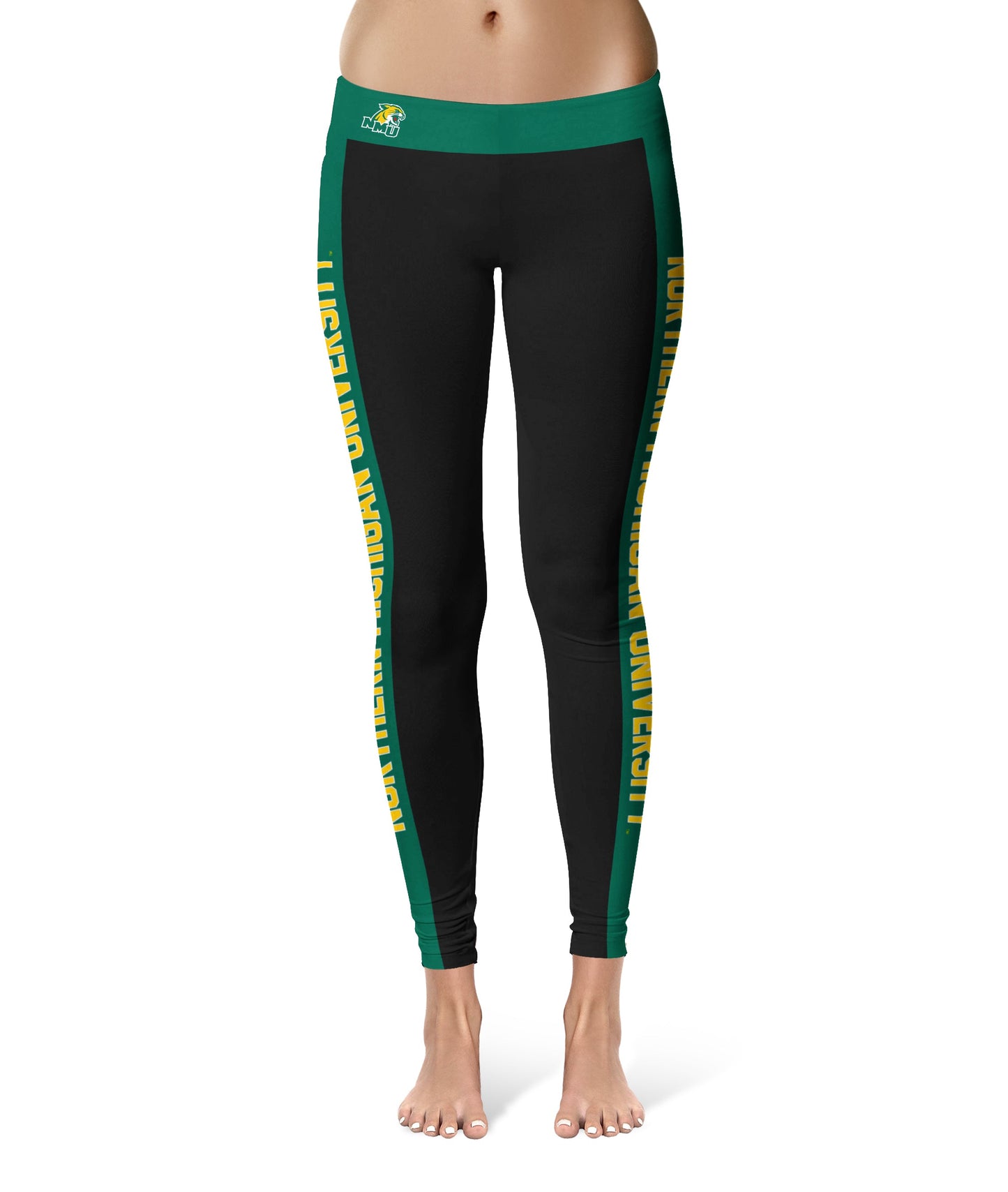 Northern Michigan Wildcats Vive La Fete Game Day Collegiate Green Stripes Women Black Yoga Leggings 2 Waist Tights