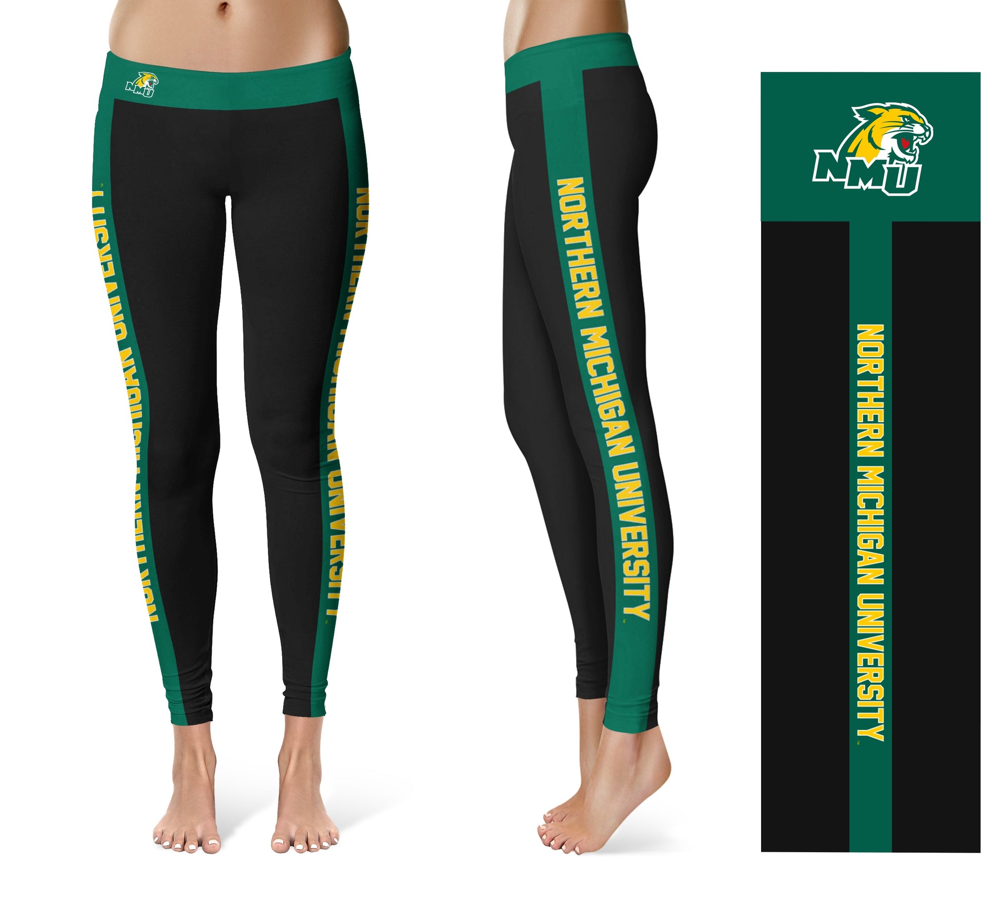 Northern Michigan Wildcats Vive La Fete Game Day Collegiate Green Stripes Women Black Yoga Leggings 2 Waist Tights