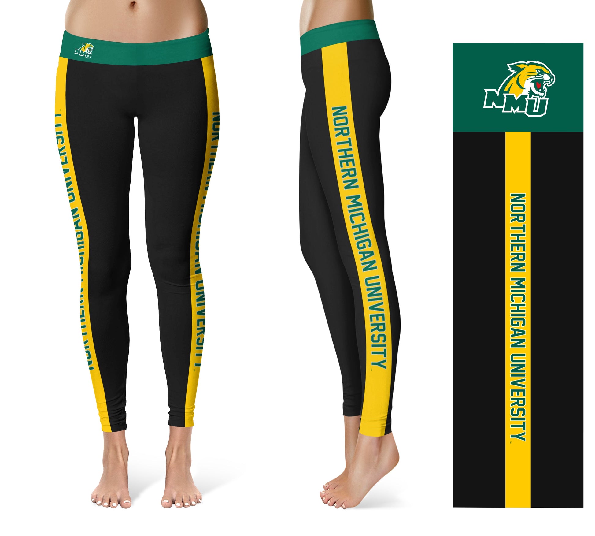 Northern Michigan Wildcats Vive La Fete Game Day Collegiate Gold Stripes Women Black Yoga Leggings 2 Waist Tights